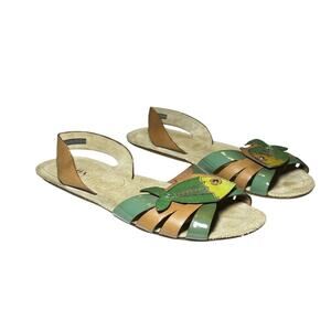 Prada Brown Green Fish Applique Leather Slingback Flats Sandals Size 40